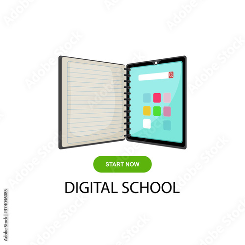 Digital school. On-line educational blue vector logo. Open book with pages and pixels. Virtual i.q. courses identity. E-book  e-library or e-reader soft. Icon of learning or scientific conference.