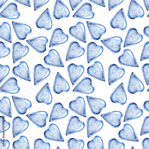 Watercolor seamless pattern with glass blue hearts