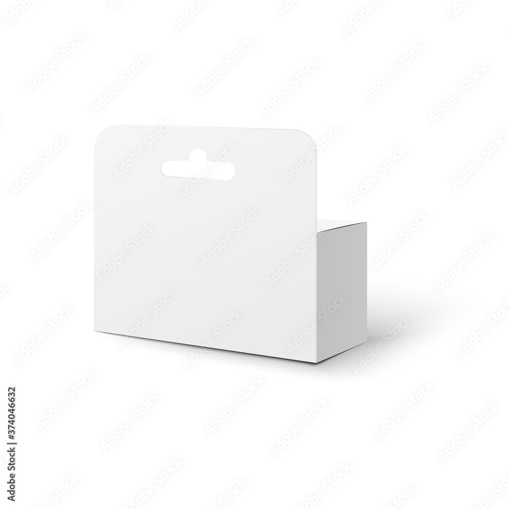 Mockup white cardboard tab box with hang realistic vector illustration isolated. Mockup white cardboard tab box with hang realistic vector illustration isolated.