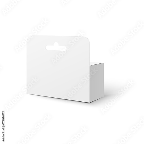 Mockup white cardboard tab box with hang realistic vector illustration isolated.