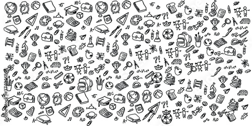 Set of Hand draw Literacy day Doodle backgrounds. Objects around Education.