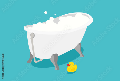 Bathtime vector illustration with soap foam and yellow rubber duck.