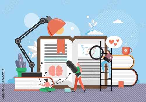 Gender studies. Women reading book with gender male and female symbols, flat vector illustration