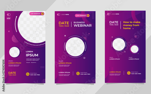 Social media stories post template, 
How to get money from home. Set of business webinar vector graphics, dark purple background