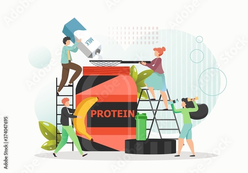 Tiny people making whey protein powder for building muscle, weight loss, flat vector illustration