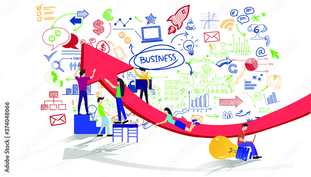 Fototapeta premium Business team Man and woman think analyze creative work with hoist up arrow,flat design illustration Creativity modern Idea and Concept Vector.