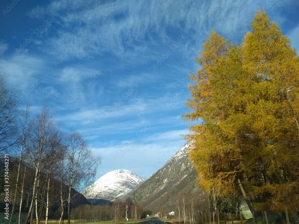 autumn in the mountains and forest and blue sky