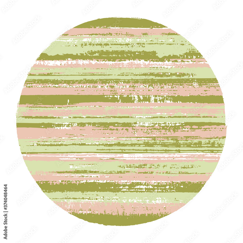 Circle vector geometric shape with striped texture of paint horizontal lines. Old paint texture disk. Emblem round shape circle logo element with grunge background of stripes.
