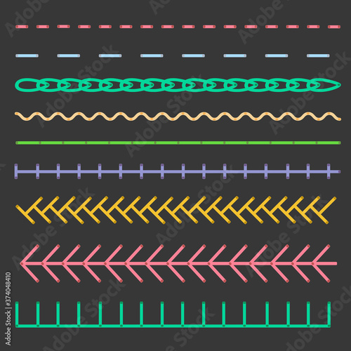 Craft embroidery seams. Cartoon fabric stitching. Vector