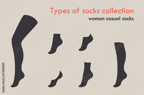 Types of woman female socks collection. Vector