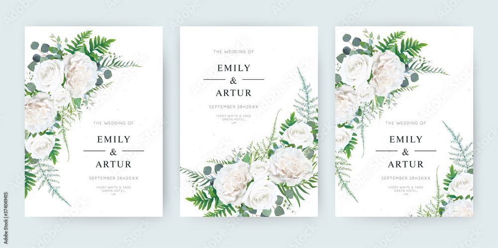 Wedding invite, invitation save the date card floral design. Elegant watercolor stylre ivory white garden peony Rose flowers, fern asparagus fern leaves & greenery. Vector trendy editable template set