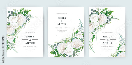 Wedding invite, invitation save the date card floral design. Elegant watercolor stylre ivory white garden peony Rose flowers, fern asparagus fern leaves & greenery. Vector trendy editable template set