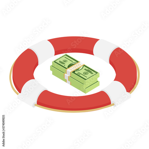 Life buoy with dollars banknotes isometric view.
