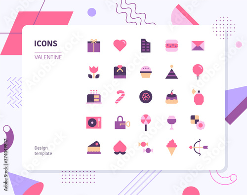 Valentines day color icon set design template. flat design style minimal vector illustration.