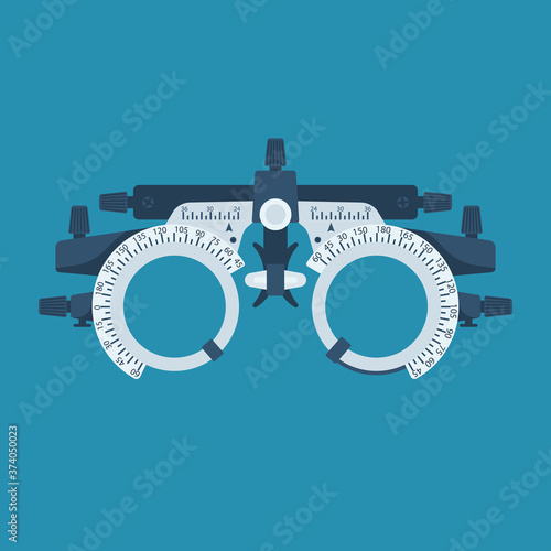 Optometrist flat icon. Eye test frame. Vision test. Check Eyesight. Diopter with scale of measurement. Examination of the eyes. Professional glasses. Vector cartoon flat design. Isolated on background