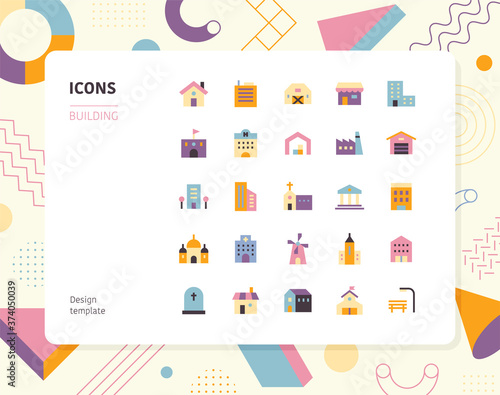 Building color icon set design template. flat design style minimal vector illustration.