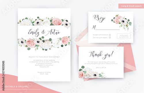Wedding invite, invitation, rsvp, thank you card floral watercolor design. Elegant ivory white & blush peach garden peony Rose flowers, stylish anemone Eucalyptus branches, greenery leaves. Vector set