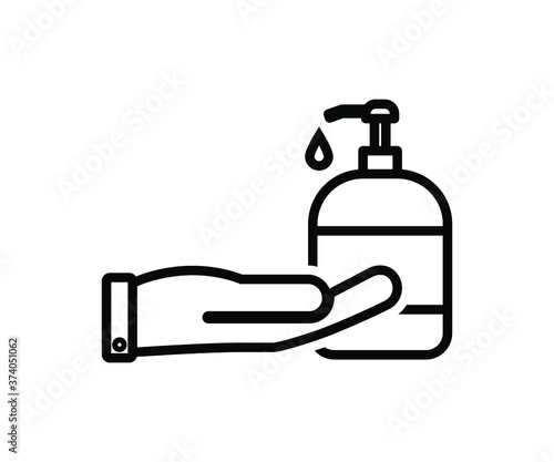 Vector illustration flat icon of sanitizing hands, wash hand with liquid soap, cleaning, sanitizer, soap, killing germs and viruses, isolated flat symbol on white background.