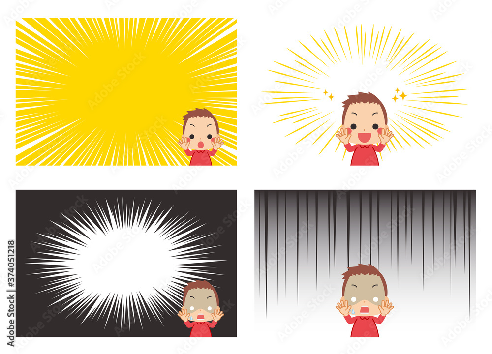 ビックリしている小さな男の子と漫画風背景効果セット Stock ベクター Adobe Stock