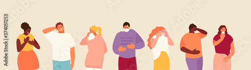 People with different symptoms. Headache, runny nose, chest and stomach pain, cough. Vector characters