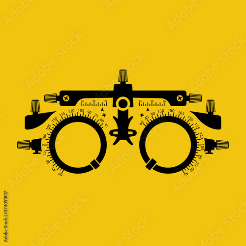 Optometrist flat black silhouette icon. Eye test frame. Vision test. Check Eyesight. Diopter with scale of measurement. Examination of the eyes. Professional glasses. Vector cartoon flat design.