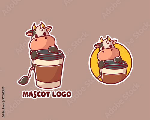 set of cute cow coffee mascot logo with optional appearance. premium kawaii vector
