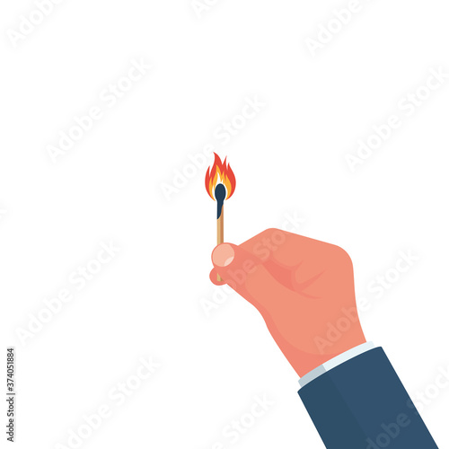 Matches in hand. Burning wooden match. Open fire. Template warning flammable. Vector illustration flat design. Isolated on white background.