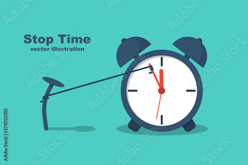 Stop time concept. Business metaphor. Vector illustration flat design. Isolated on background. Nail with a rope holds the clock hand. Deadline. Time management.