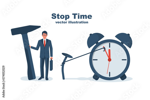 Man holding a hammer in hand drives a nail to stop time. Creative deadline solution. Successful businessman. Stop time concept. Business metaphor. Vector illustration flat design. Detain clock hand.