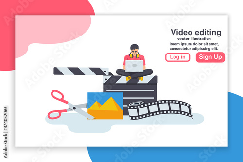 Landing page video editing. Multimedia content. Footage editing. Videographer with a laptop mounts movie. Photo film and scissors. Vector illustration flat design. Video blog channel.