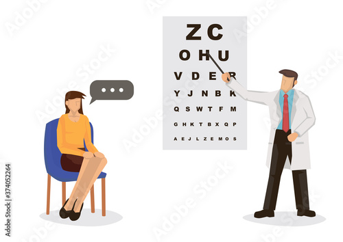 Male ophthalmology doctor in uniform pointing to an eye test chart with a young woman.