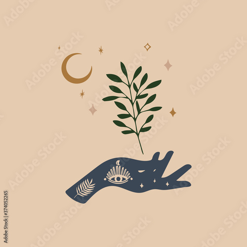 Save the planet illustration, vector design with hand, plant & stars