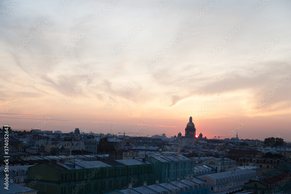 Sunset cityscape of saint petersburg with view of Saint Isaac's cathedral