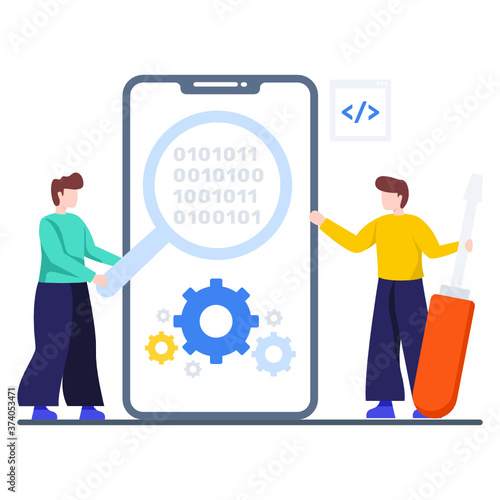 
Software engineers working on mobile app, testing automation process flat vector

