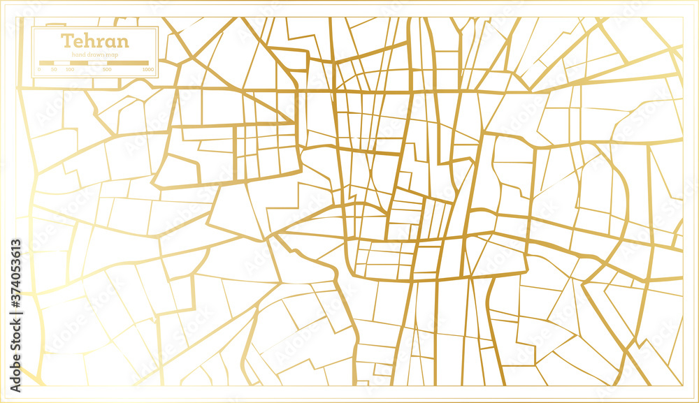 Tehran Iran City Map in Retro Style in Golden Color. Outline Map. Tehran Iran City Map in Retro Style in Golden Color. Outline Map.