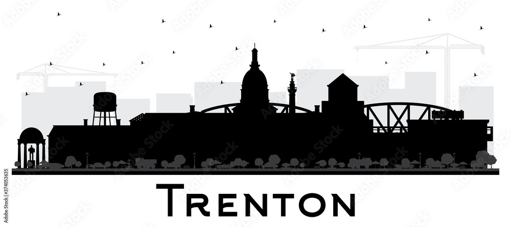 Trenton New Jersey City Skyline Silhouette with Black Buildings Isolated on White.