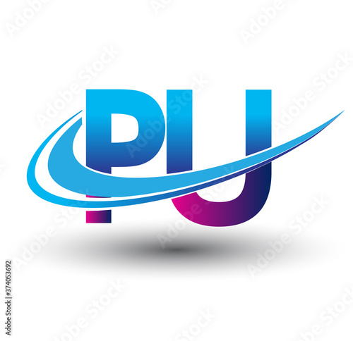 initial letter PU logotype company name colored blue and magenta swoosh design. vector logo for business and company identity.