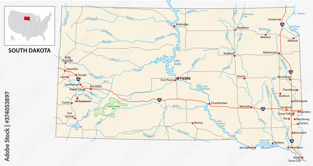 road map of the US American State of South Dakota