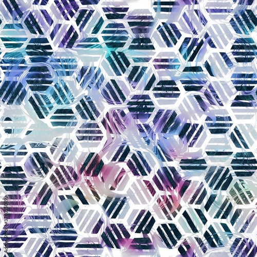 Lux navy and white iridescent geo seamless pattern. High quality illustration. Geometric shapes overlayed with holographic faded blurry colors and blobs in a marble like pattern. Futuristic design.