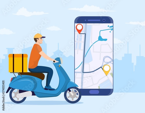 Online delivery service concept, online order tracking, delivery home and office. scooter courier. Online pizza order. goods shipping, food online ordering. Vector illustration in flat style