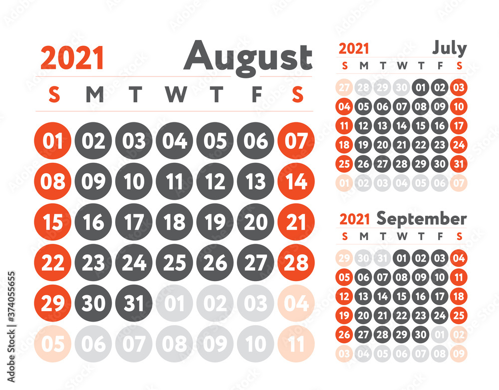 August 2021 calendar. Planner design. English calender. Red color vector template. Week starts on Sunday. Business planning.