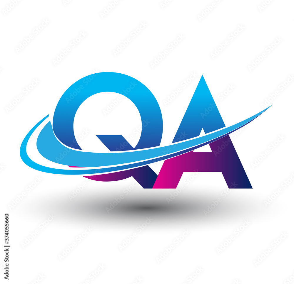 initial letter QA logotype company name colored blue and magenta swoosh ...