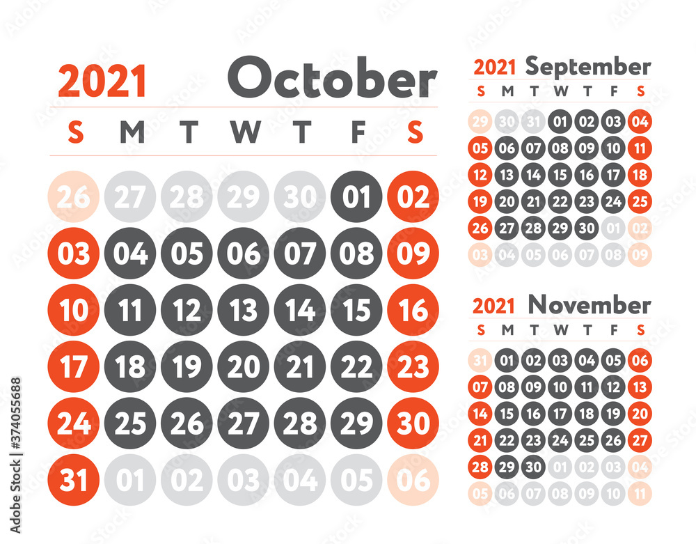 October 2021 calendar. Planner design. English calender. Red color vector template. Week starts on Sunday. Business planning. October 2021 calendar. Planner design. English calender. Red color vector template. Week starts on Sunday. Business planning.
