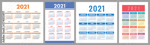 Calendar 2021 year set. Vector template collection. Simple design. Week starts on Sunday. January, February, March, April, May, June, July, August, September, October, November, December