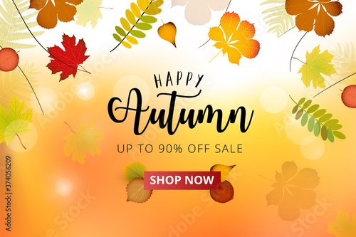 Autumn season advertising banner. Autumn falling red, yellow, orange, brown leaves on bright background. Sale banner template or promo poster.