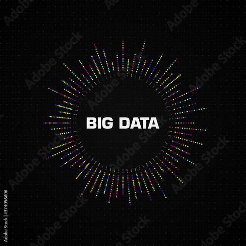 Big data circular visualization with copy space on black background with grid and dots. Design for business, science, technology. Vector