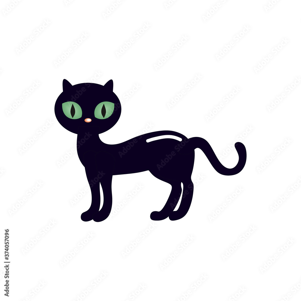 A black cat with large green eyes isolated on a white background. Drawing of a cute cat for Halloween. Magic and sorcery. Holiday design, greeting cards, invitations. Vector cartoon illustration.
