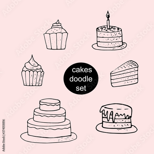 cakes, cupcakes - set of sweets hand drawn in doodle style. collection of elements for design sticker, poster, card, icon. vector, scandinavian, hygge, monochrome. food, desserts