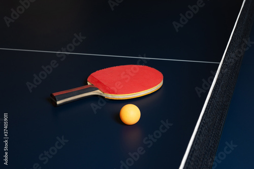 Table tennis equipments racket, ball, table, and a net.