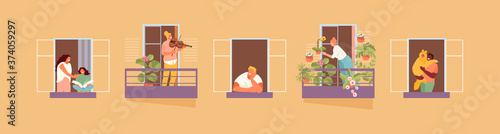 People in the windows home life. Vector illustration